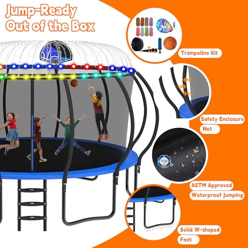 DeepRoar Tranpoline 8/10/12/14/15/16FT Pumpkin Tranpoline for Kids, Heavy Duty Outdoor Tranpolines with Basketball Hoop, Safety Enclosure Net, Light, Sprinkler, Socks, ASTM Approved