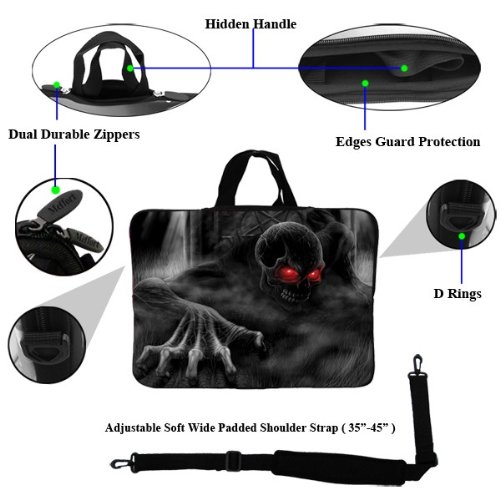 Meffort Inc 17 17.3 inch Neoprene Laptop Sleeve Bag Carrying Case with Hidden Handle and Adjustable Shoulder Strap - Crawling Skeleton2