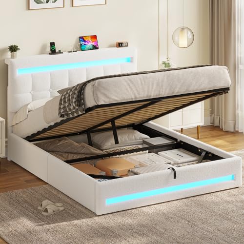 AOGLLATI Lit Coffre 140×190 cm avec LED et Ports USB, Lit Double Rembourré avec Rangement hydraulique, tête de lit réglable en Hauteur, Sommier à Lattes,Facile à...