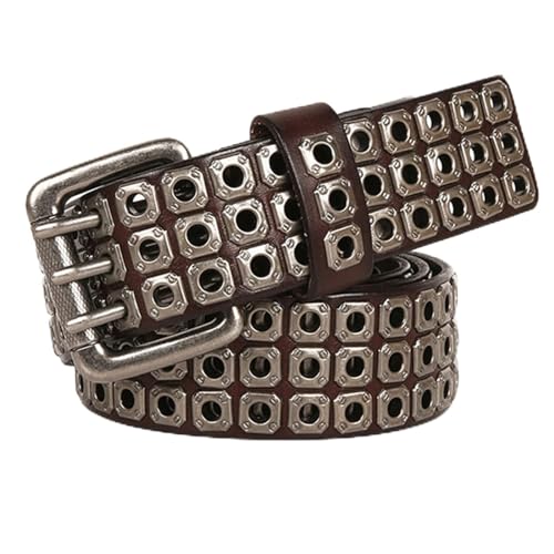 New Brand Black Brown Orange Casual Waistband Fashion Studded Rivet Belt Women Men Three-Row Rivet Belt (Color : Brown, Size : 105cm)