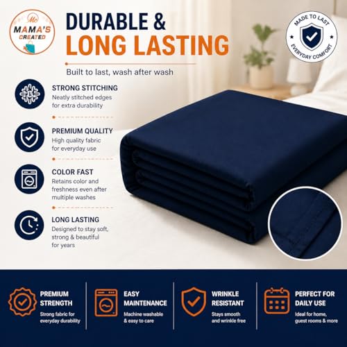 Image of King Size Bed Sheet - 600 Thread Count Single Flat Sheet Only - Long Staple Egyptian Cotton Top Sheet Wrinkle & Fade Resistant - Navy Blue