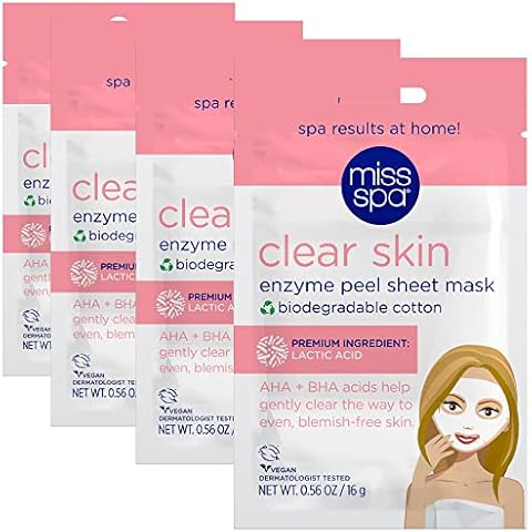 MISS SPA Face Mask Skin Care, Clear Skin Enzyme Peel Sheet Mask for Women, Exfoliating Sheet Mask for Acne, Blemish Free Skin, Biodegradable Cotton Sheet Mask, Dermatologist Tested, 4 Pack Cover
