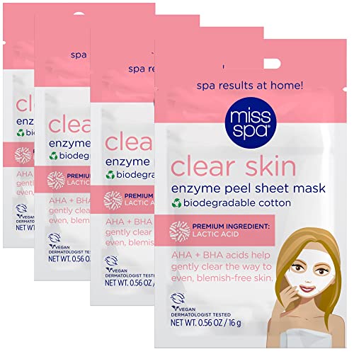 MISS SPA Face Mask Skin Care, Clear Skin Enzyme for Women, Exfoliating Sheet Mask for Acne, Blemish Free Skin, Biodegradable Cotton Sheet Mask, Dermatologist Tested, 4 Pack