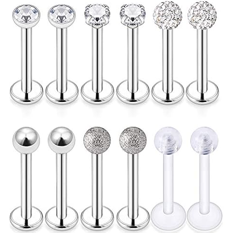 Dyknasz 16G Stainless Steel Labret Studs Monroe Lip Rings Retainer Cartilage Tragus Nail Conch Helix Earring Barbell Piercing Jewelry with Clear Diamond CZ for Women Men Silvertone 6 Pairs Cover