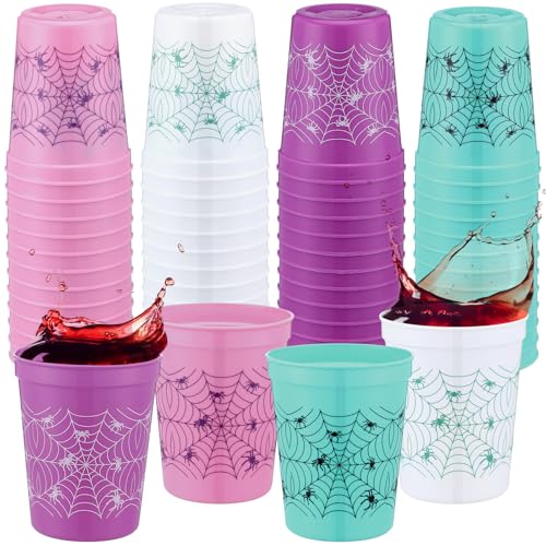 MotiMind 48 Pcs Spider Web Plastic Cups 16 oz Birthday Party Spider