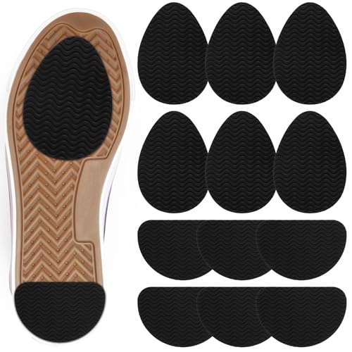 KFHENSOMR Anti Rutsch Sohle Pad, 12 Stück Schuhsohlen Reparatur Gummi Protektorenc, Gummisohlen zum Aufkleben für Alle Größen, Selbstklebende Schuhsohlen Protektoren für Schuhe und High Heels(Schwarz)