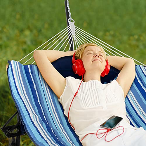 Giantex 12Ft Hammock With Stand, 2 Person Heavy-Duty Steel Hammock Stand, 450 Lbs Capacity, Double Hammock Bed With Cotton Mat, Pillow, Cup Holder And Bag (Blue And Beige Striped) #TOP2