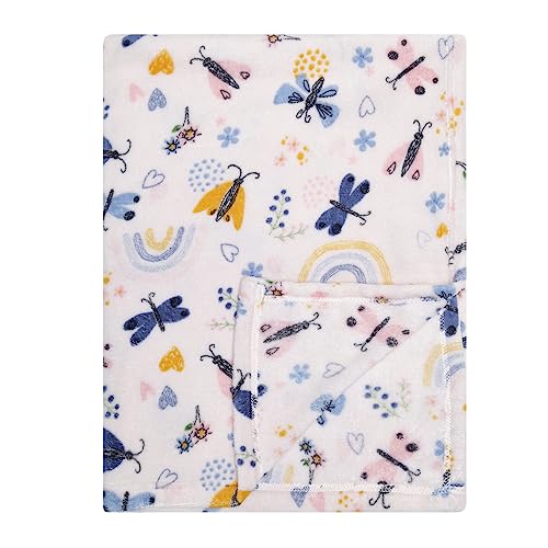 Image of EVERYDAY KIDS Large Ultra Soft Fleece Baby Blanket for Girls; FleeceToddler Girl Blanket Measures 30 x 40 inch; Trendy Pink, Blue and Gold Butterflies and Rainbows