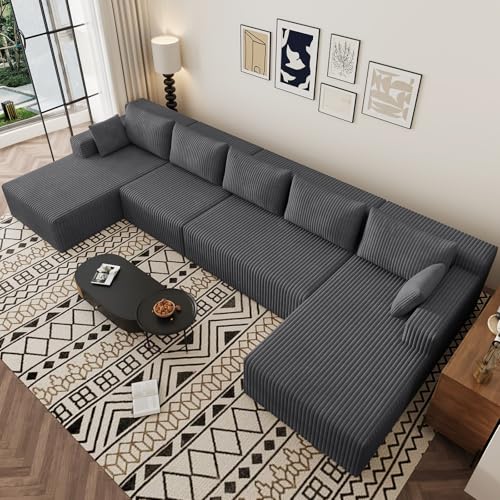 Image of 160 inch U-Shape Cloud Couch, Modern Modular Sectional U-Shape Sofa, Corduroy Boneless Couch Upholstered Couches Deep Seat Sleeper Chaise Longue for Living Room, No Assembly Required,Dark Gray