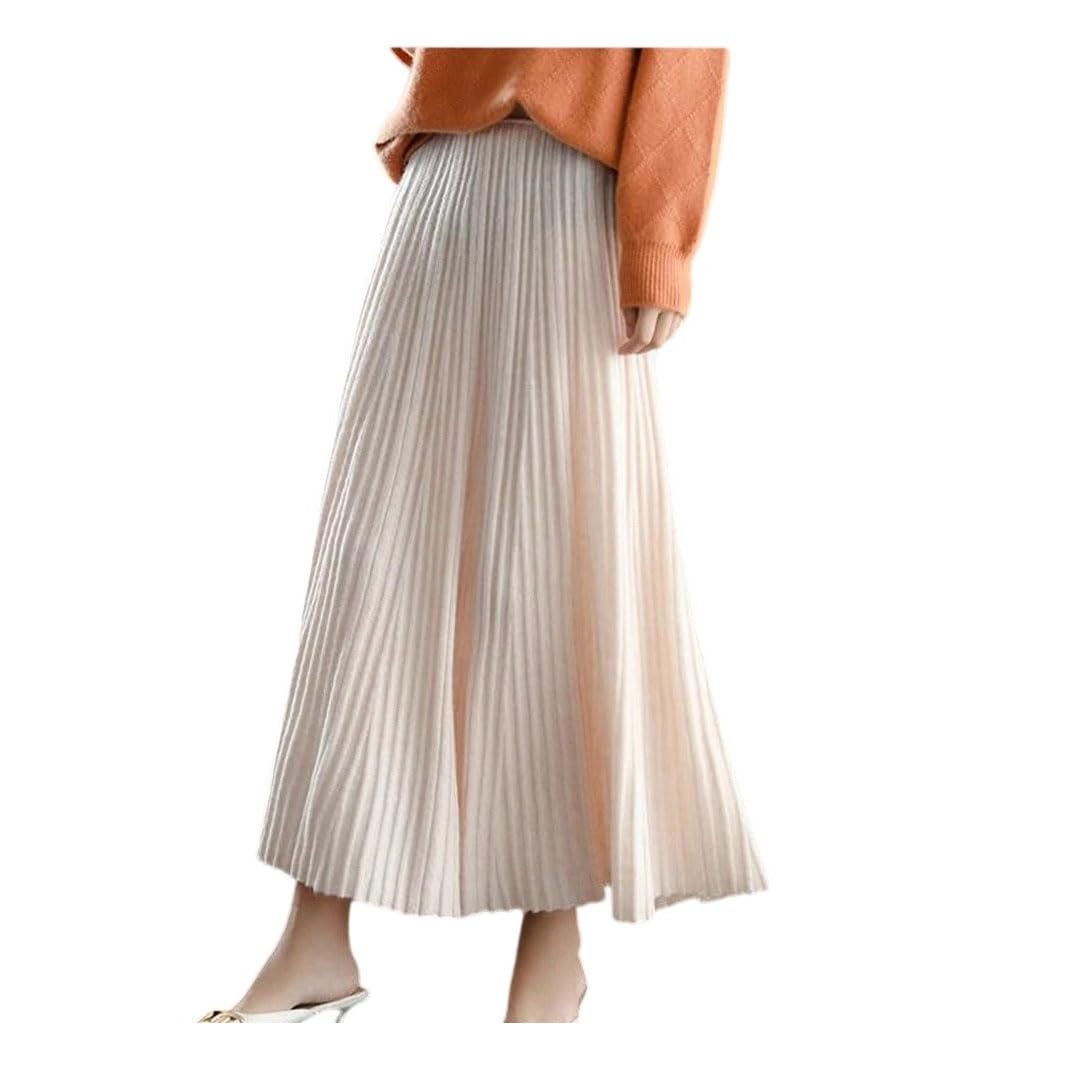 Womens Wool Half Pleated Skirt Autumn Winter Mid-Length High-Waisted A-Line Cashmere Knit Umbrella Skirt