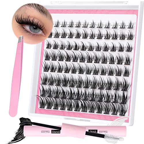 DIY Lash Extension Kit Wispy Natural Look Eyelash Clusters Mixed Lengths D Curl Fluffy Manga Cluster Lashes Kit with Lash Bond & Seal, Tweezers