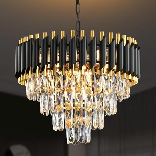 Image of Modern Crystal Chandeliers Black Gold K9 Crystal 4 Tier Round Crystal Chandelier Ceiling Light Fixture for Living Room and Hallway| Modern Ceiling Light Jhumar for Hall Light (Black, 500mm)