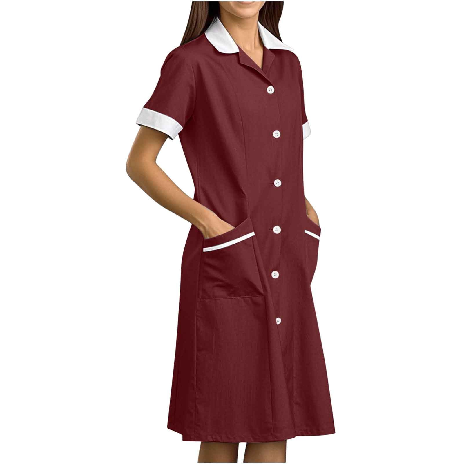 HGps8w Scrubs Dresses for Women Casual Short Sleeve Nurse Working Uniform Stretchy Button Front Nursing Workwear with Pockets