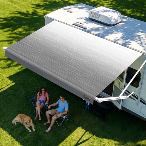 RV Awning Fabric Replacement, 19.5oz Heavy-Duty Vinyl Camper Awning, Heat-Sealed Seamless, DIY Setup, UPF 50+ Waterproof Canopy for Camper, Trailer, Motorhome (Graphite Gray, 15FT(Fabric 14'2'))
