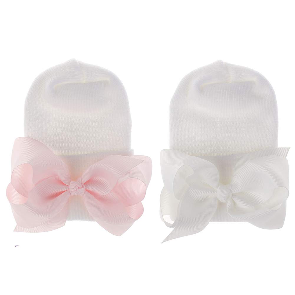 Aijian Newborn Hospital Hat - Infant Baby Solid Color Doughnut Hat (2 Pack Bow Ribbon / 0-3 Month)