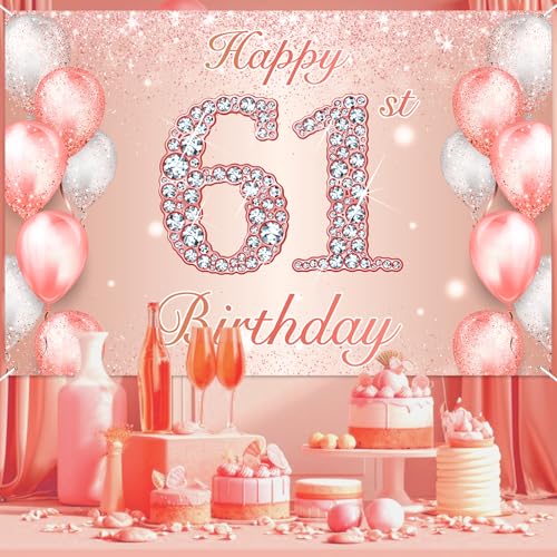 Image of Happy 61st Birthday Rose Gold Banner Cheers to 61 Years Old Backdrop Confetti Balloons Theme Decor for Women 61 Years Old Pink Birthday Party Decorations Bday Supplies Background Favors Gift Glitter