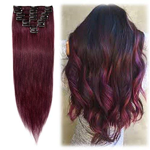 Clip in Hair Extensions 100% Remy Human Hair for Women Silky Straight Soft Hair Full Head Light 8pcs 18 Clips 70g- 18 Inch Wine Red #99J