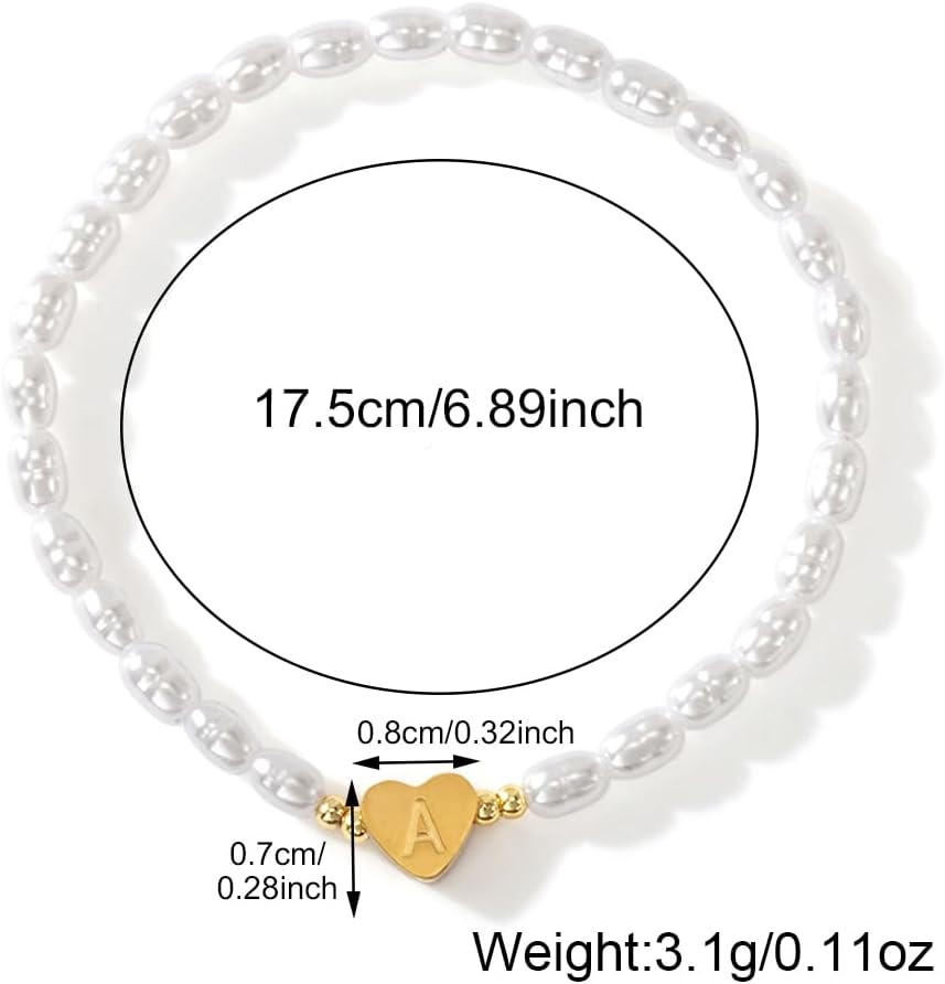 Gold Heart Beaded Charm Freshwater Pearl Initial Bracelets for Women,Enewton Cute Handmade Stretch Beads Ball Trendy Jewelry Prom Holiday Gifts for Her - Image 5