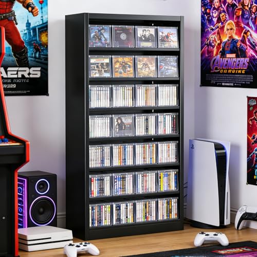 DUTYSEST Metal DVD Storage Shelves, 7-Tier CD Storage Rack with Adjustable Shelves, DVD Organizer Shelf, Media Cabinet for CD Holder, Movies, Blu rays, Games for Living Room & Home Office