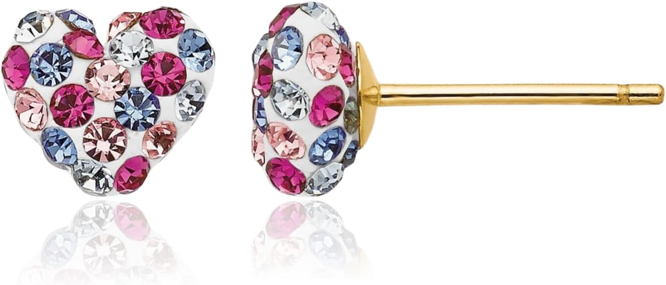 14K Solid Yellow Gold Crystal Medium Multi color Heart Cluster Stud Earrings 6mm 1/4 inch Round Cut, Simulated, Prong Set, Butterfly Back for her IceCarats