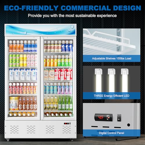 40 Cu.ft Commercial Beverage Refrigerators Glass Door Refrigerator Commercial Cooler with LED Light and 10 Shelves, Display Refrigerator for Restaurant Store Cafe Bar, White - Image 6