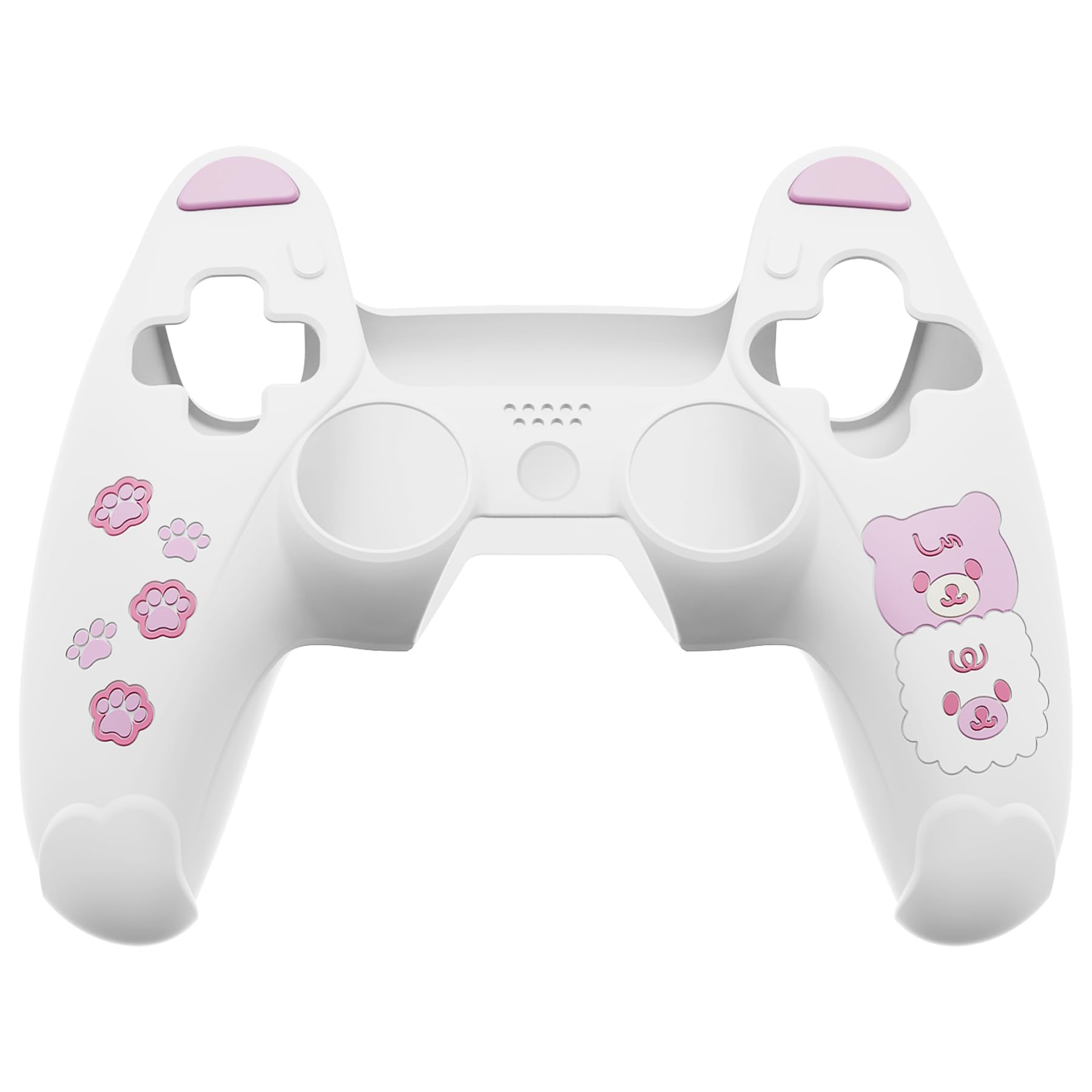 PlayVital Cover Controller per ps5 Joystick,Custodia Protettiva Silicone Skin Antiscivolo&Copri Levette Analogiche&Adesivo Touchpad,Orso Carino,Bianco&Rosa
