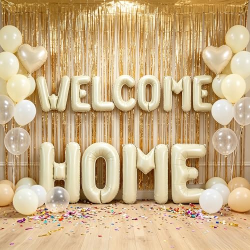 Image of TONIFUL 2 Size Cream White WELCOME HOME Foil Letter Balloons Banner Decor