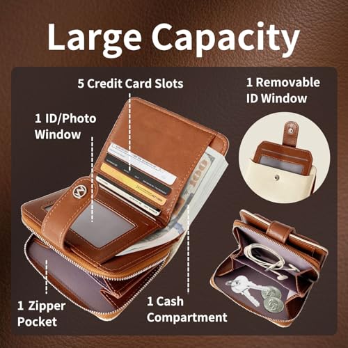 Wallet Women Small Leather Bifold Billfolds Zipper Coin Pocket Cash Compact Credit Card Holder with Detachable ID Window (Beige Brown)3