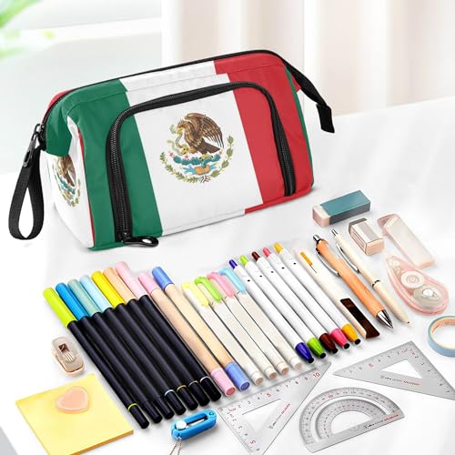 Image of Fisyme Mexico Flag Pencil Case Large Capacity Pencil Pouch Pen Bag Box Big Makeup Pencil Case Organizer
