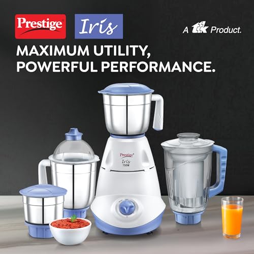 Prestige Iris 750 Watt Mixer Grinder with 3 Stainless Steel Jar + 1 Juicer Jar (White and Blue) (Image - 2)