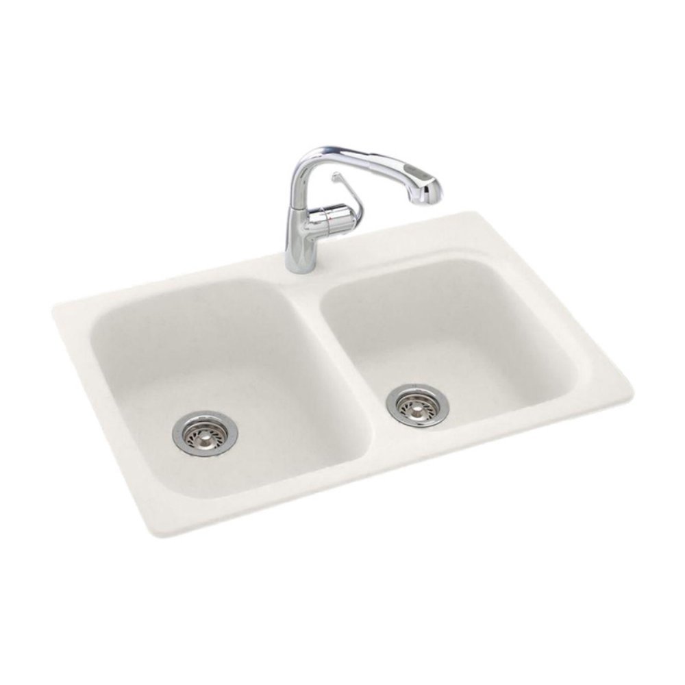 Swanstone KS03322DB.018 Solid Surface 1-Hole Dual Mount Double-Bowl Kitchen Sink, 33-in L X 22-in H X 9-in H, Bisque