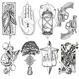 Oottati 8 Sheets 3D Black Realistic Temporary Tattoos for Men Women Adults, Hand Finger Gun Hourglass Card Queen Tree Design Halloween Fake Half Arm Sleeve Tattoos Stickers Legs Kit Sets