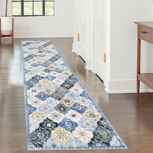 KILOCOCO 2x8 Runner Rug, Moroccan Super Soft Washable Hallway Entryway Runner Rug, Accent Print Faux Wool Kitchen Runner Rug 8 Feet Non-Slip Boho Rug Runner for Bedroom, Beige Blue/Yellow/Multi