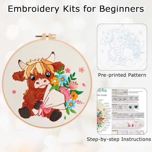 Image of Nuberlic Highland Cow Embroidery Kits for Beginners with Flowers Pattern, DIY Cross Stitch Starter Kits for Adults Including Cloth with Pattern, Hoop, Needles Instruction and Threads