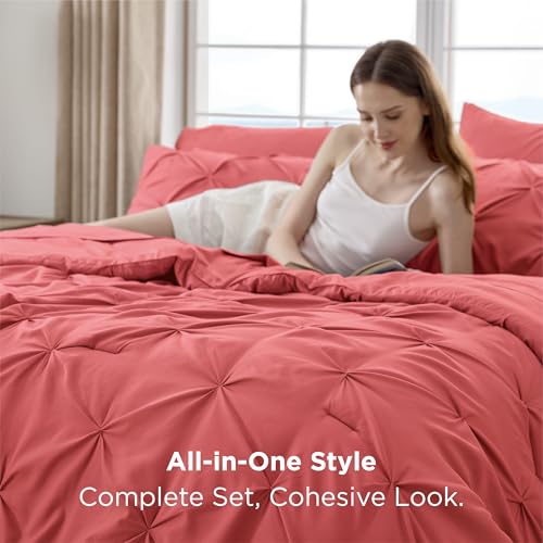 Image of Bedsure Twin Comforter Set Coral Red - Bed in a Bag Twin Size Bedding 5 Pieces, GentleSoft Pintuck Bed Set Gift for Family, All Season Down Alternative Comforter with Sheets, Pillowcase & Sham