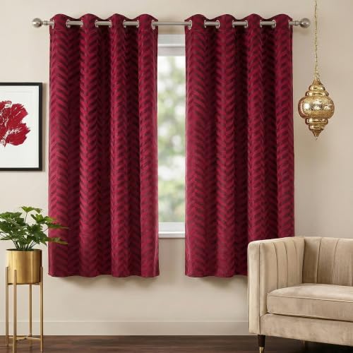 Image of 100% Room Darkening Window Curtains 5 Feet, 2 Piece, Maroon | Embossed Panels Light Block Mild Thermal Insulated & Noise Reducing Room Darkening Curtains (Maroon, 60 Inch)