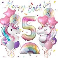 Unicorn 5th Birthday Party Decorations for Girl Purple Pink Theme Balloon Set, Large Rainbow Unicorn Helium Balloons with Heart and Star Baby Shower Kids Supplies (number 5 set)