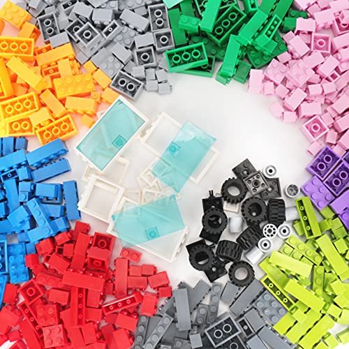 Anksono Building Bricks 1000 Pieces Bulk Toys Kids Building Blocks 11 Colors Compatible with All Major Brands-Add 39 Accessories with Wheels Tires Axles Windows & Doors-For Above 3 Year Old Boys Girls