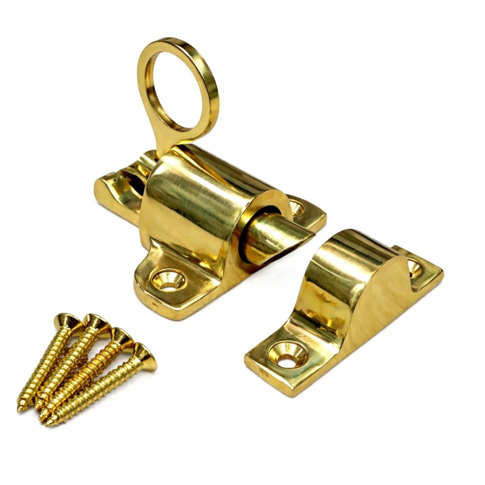 Polished Brass Fanlight Window Catch 65mm Spring Loaded Pull Ring Latch for Skylight, Cabinet & Wardrobe – Security Window Fastener (1 Pack)