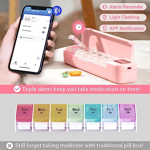 Zoksi Bluetooth Electronic Pill Dispenser with Alarm, Smart Pill Organizer with Reminder&Light, Pill Timer Tracker, Automatic Medication Dispenser, Weekly 7 Day Pill Case 1 Time a Day for Travel(Pink) - Image 4