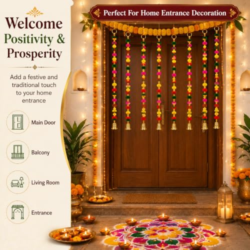 Image of Bindian Pom Pom Beads & Golden Bell Toran for Main Door, Pack of 5 Door Hanging Decorative Items, Home Decor Wall Hanging Decoration, Pooja Room Decor, Festival Decoration