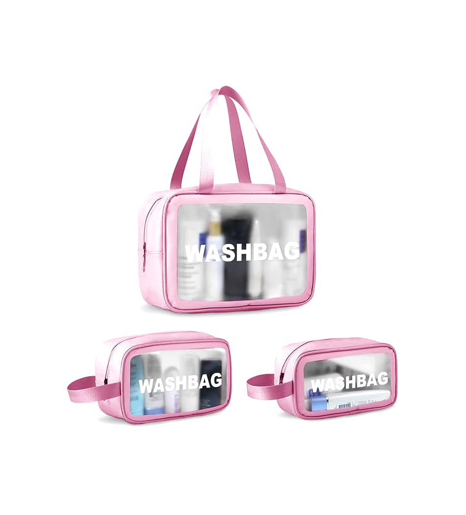 Home XoneClear Makeup Bag Set for Women- 3-Pc Clear Cosmaetic Bag Set Waterproof Travel Makeup Bags with Handles - Large Capacity, Sturdy, and Leak-Resistant Cosmetic Pouches for Traveling (Pink)