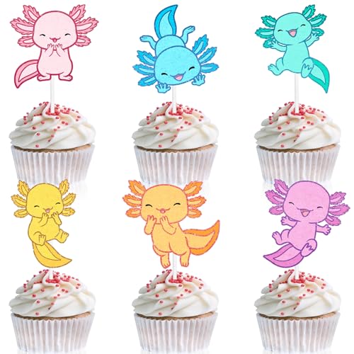 18 Pcs Cute Salamander Themed Happy Birthday Axolotl Cupcake Toppers - Great Decoration Supplies for Boys and Girls Birthday Party,Kids Axolotl Themed Party or Baby Showers,Pink Glitter - LIANGSS