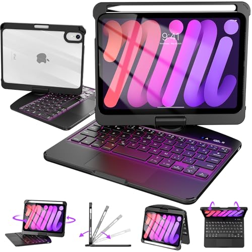 Image of Intermerge Case with Keyboard for iPad mini 7 (A17 Pro, 2024) & Mini 6 (2021) 8.3 inch - 360 Swivel Multi-Touch Trackpad, 7-Color RGB Backlit Keys, Pencil Holder, Power Indicator-Solid Black