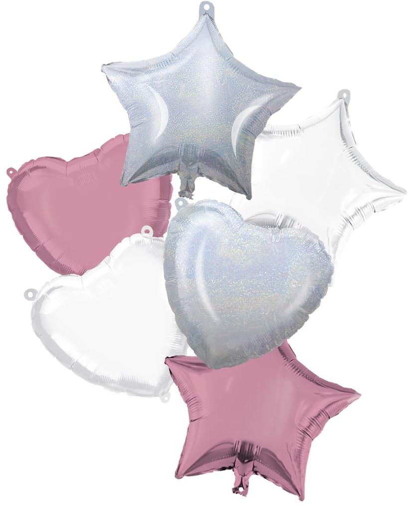 Procos 92449 Foil Balloon Set Stars and Hearts, 6 Pieces, Size 46 cm, Helium Balloon, Birthday, Decoration, Gift