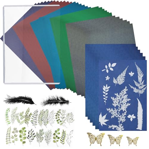 Dreamsolearoy - Dreamsolearoy 36 Pièces de Papier Cyanotype, Papier Solaire A5, 6 Couleurs, Matériau de Fibres Naturelles, avec Papillons, Feuilles et Plumes, pour les Enfants et les Adultes