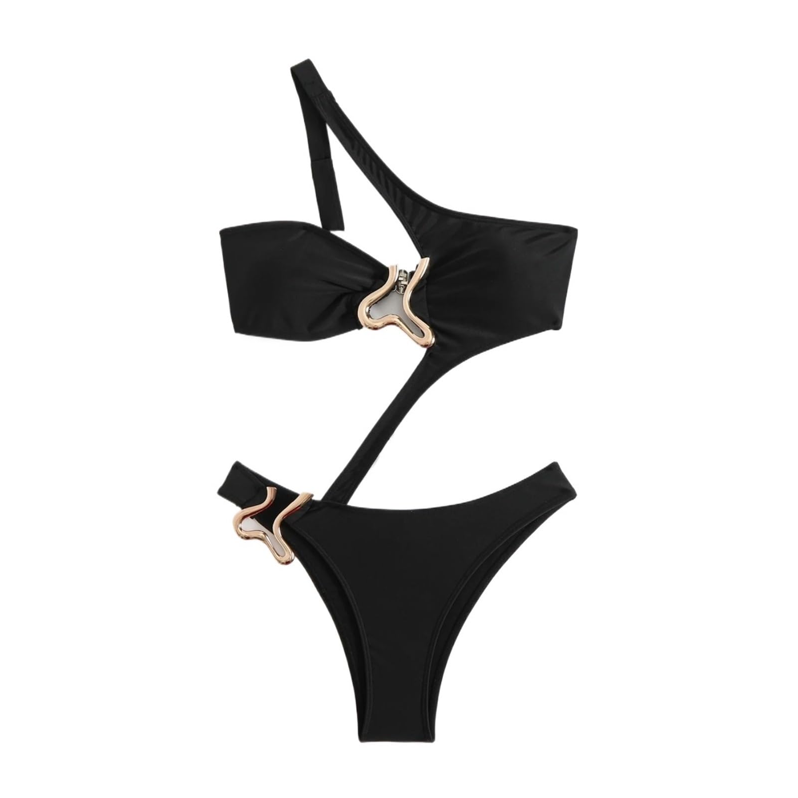 AMENGJ Womens Swimsuit Sexy Black Hollow Out Bikini Women One Shoulder Metal Backless(Black,M)