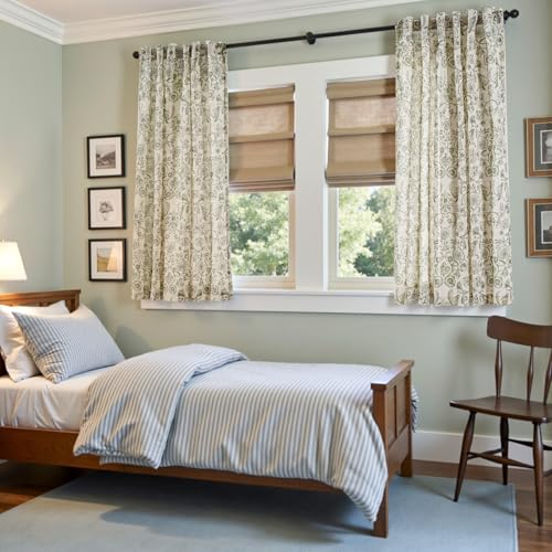 Image of jinchan Linen Floral Curtains for Living Room with Printed Flower 63 Inches Long Light Filtering Farmhouse Window Treatment Vintage Short Drapes Back Tab Rod Pocket 2 Panels Green on Beige