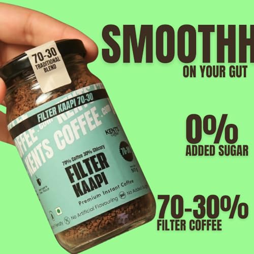 Image of Kents Coffee 70-30 Instant Filter Kaapi | Traditional South Indian Filter Coffee Taste in 30 Seconds | 70% Coffee 30% Chicory | Strong & Bold | No Added Sugar | Hot & Cold Coffee | No Sugar | No Preservatives | Chikmagalur Estate | No Flavour 50g Glass Jar
