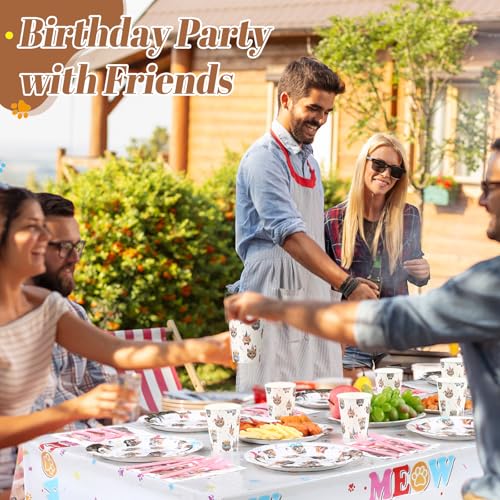 Image of Funnymoom 452 Pcs Cat Birthday Party Decorations for 50 Guests, Cat Paper Plates Napkins Cups Tablecloth Cutlery Straws Disposable Tableware Set for Kitten Lover Birthday Party Supplies